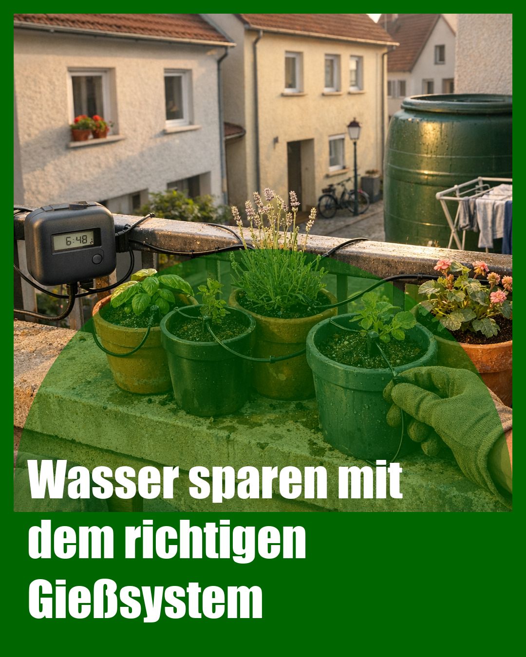 Foto: Tropfbewässerung,Smart-Controller,Regenwasser (KI generiert )